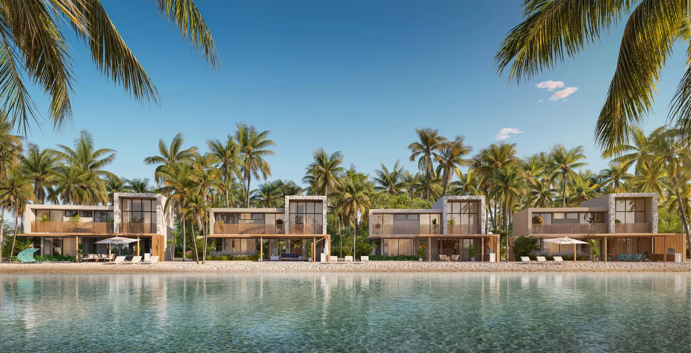 Fachada das residências Beach Lake à beira do canal privativo, arquitetura autoral