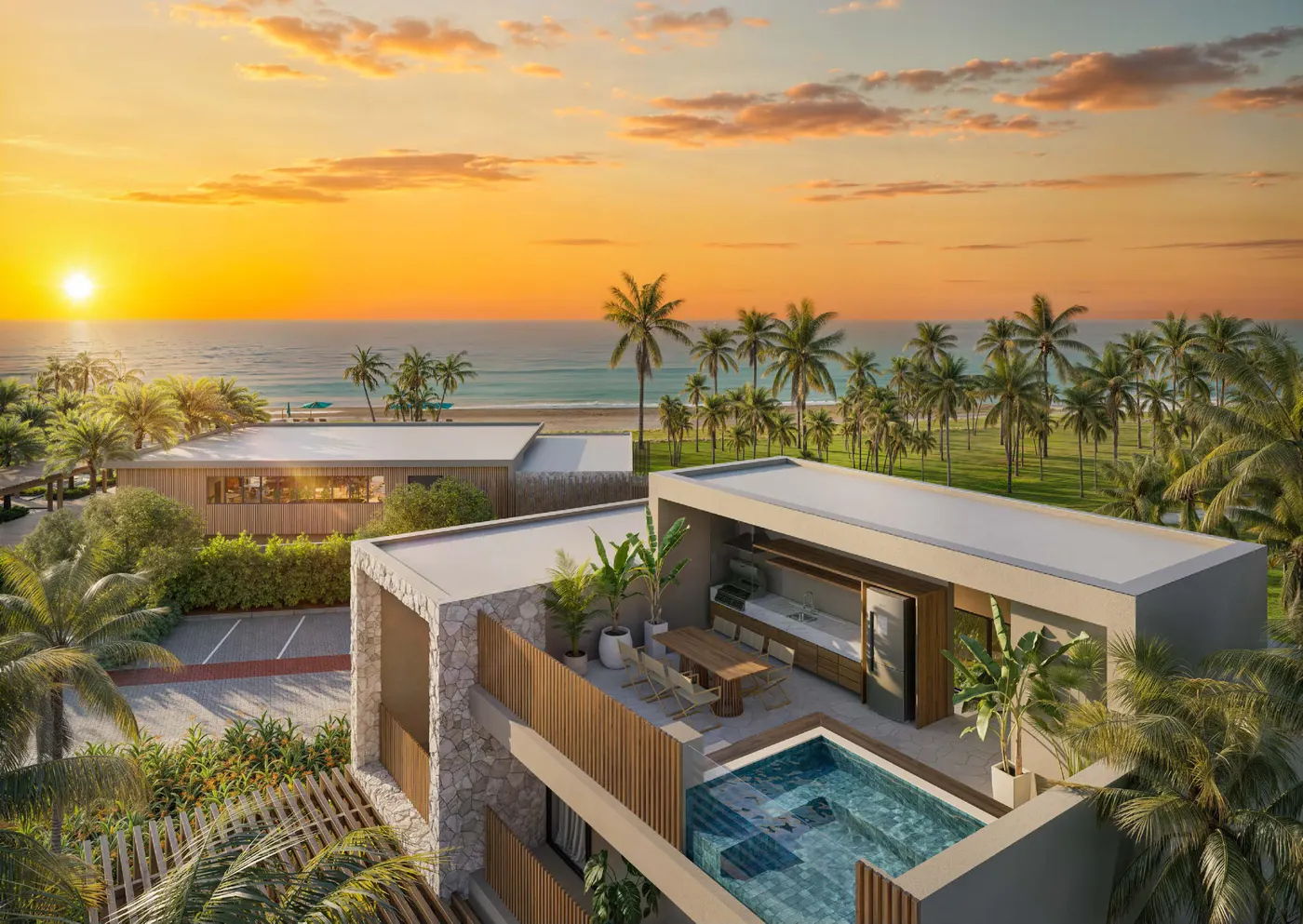 Área gourmet no rooftop da residência ao amanhecer
